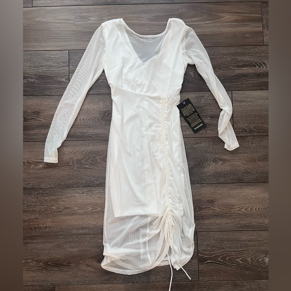 NWT BEBE LONG SLEEVE MESH RUCHED DRESS